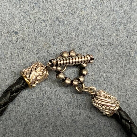 Retro Filigree Slider Bracelet 7.5 In Silver Braided Black Leather Toggle BoHo - Picture 3 of 5